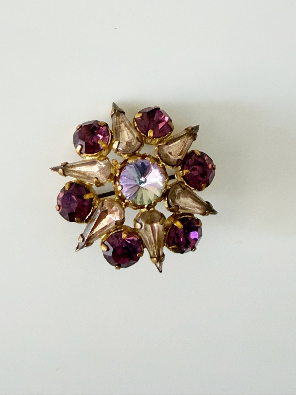 Vintage Austria Purple Rhinestones Rivoli Flower Brooch Pin